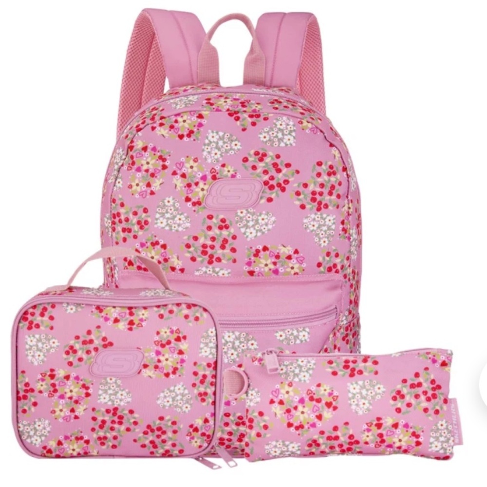 NWT Skechers Pink Floral Backpack w/Insulated Lunch Bag and Zippered Pencil Case